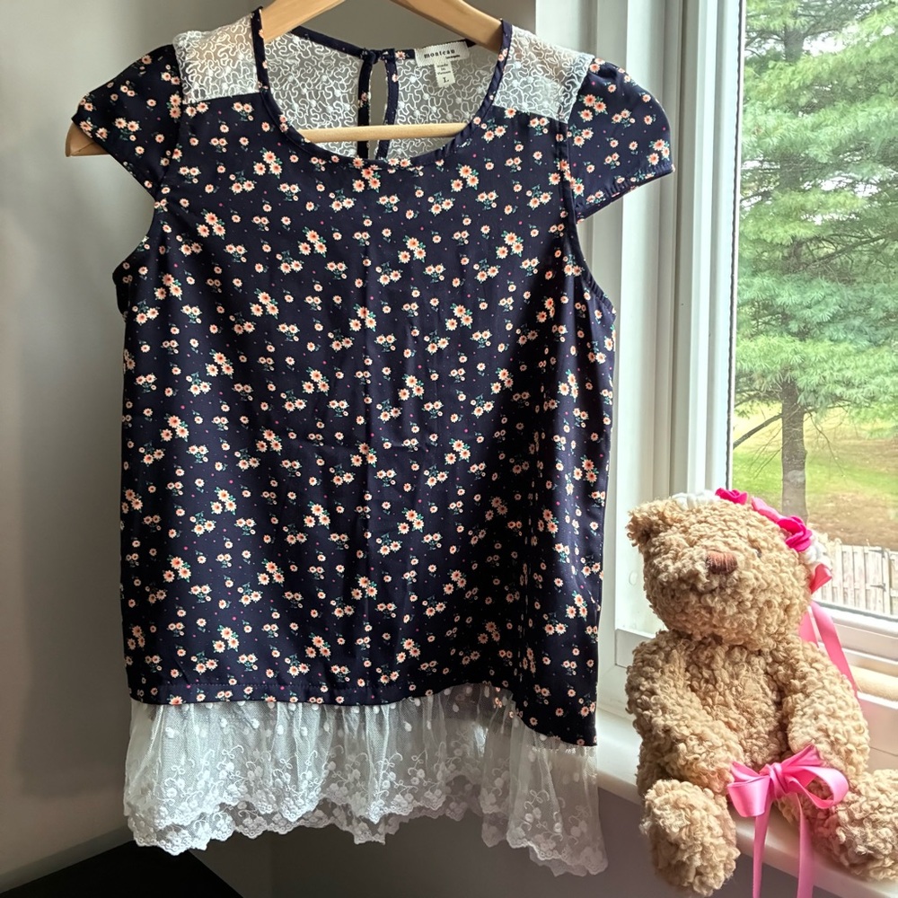 Monteau Navy Floral Kids Blouse with Lace Trim